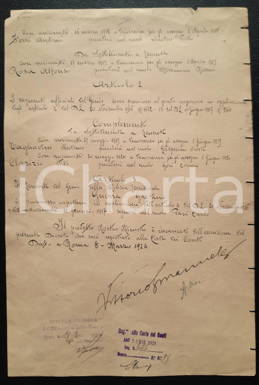 1924 ROMA - AUTOGRAFI su decreto VITTORIO EMANUELE III Gen. Armando DIAZ