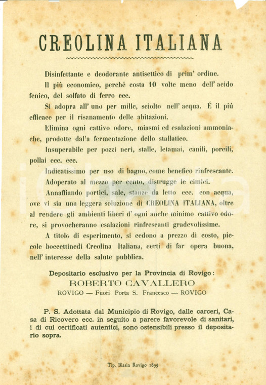 1899 ROVIGO Creolina Italiana insuperabile per porcili Roberto CAVALLERO