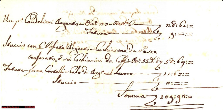 1792 VITERBO Conto argenteria Mons. Settimio HONORATI