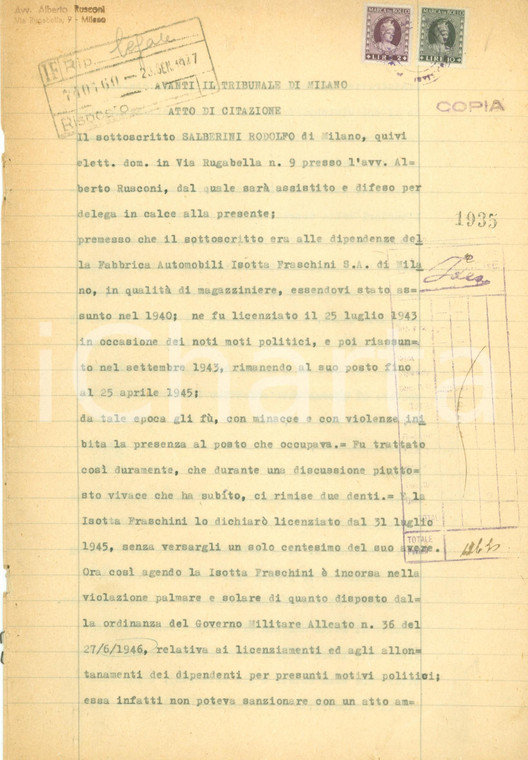 1947 MILANO Fabbrica ISOTTA FRASCHINI licenzia Rodolfo SALBERINI motivi politici