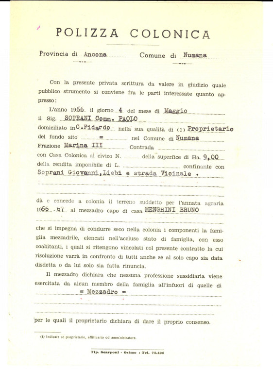 1966 NUMANA (AN)  Polizza Colonica per mezzadro Bruno MENGHINIO