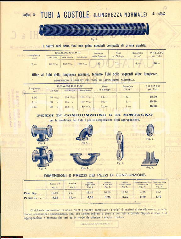 1908 MILANO Ing. DE FRANCESCHI Catalogo tubi a costole
