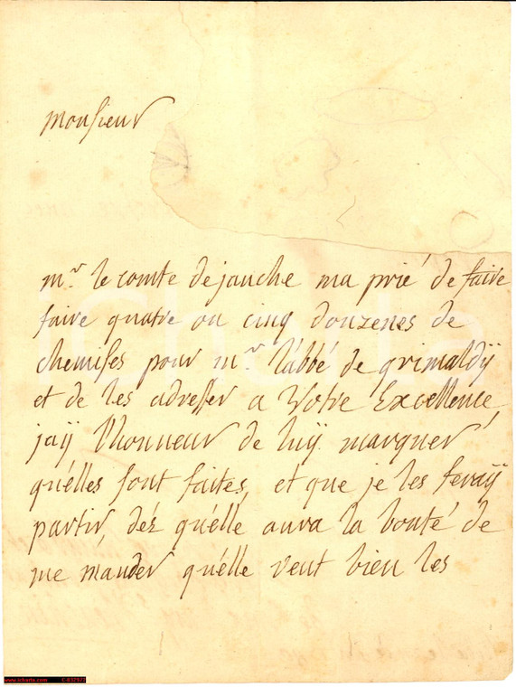 1740 LILLE (F) Marguerite de CROIX D'HEUCHIN prepara camicie per abate GRIMALDI