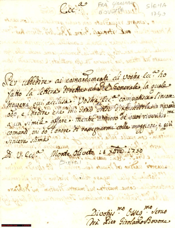 1750 Lettera Girolamo Bovone Monte Oliveto di Multedo