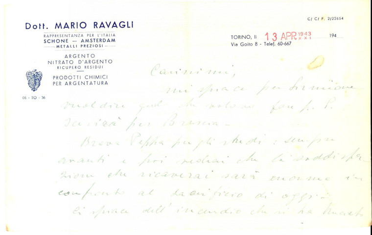 1943 TORINO Non lavorate la terra, è troppo faticoso *Lettera Mario RAVAGLI