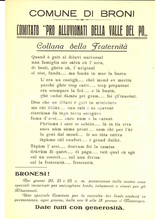 1951 BRONI (PV) Comitato pro alluvionati VALLE DEL PO Manifesto dialetto pavese