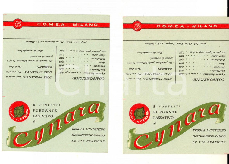 1950 ca MILANO Purgante lassativo CYNARA *Fascette pubblicitarie