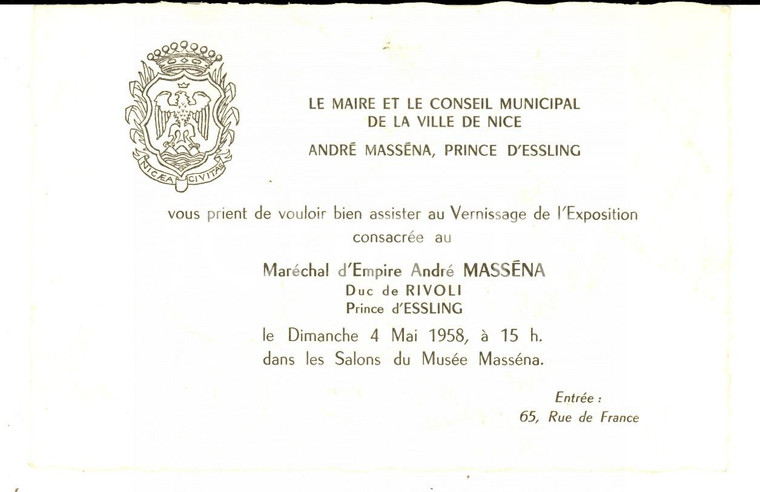 1958 NICE (FRANCE) Invito a mostra dedicata al maresciallo André MASSENA