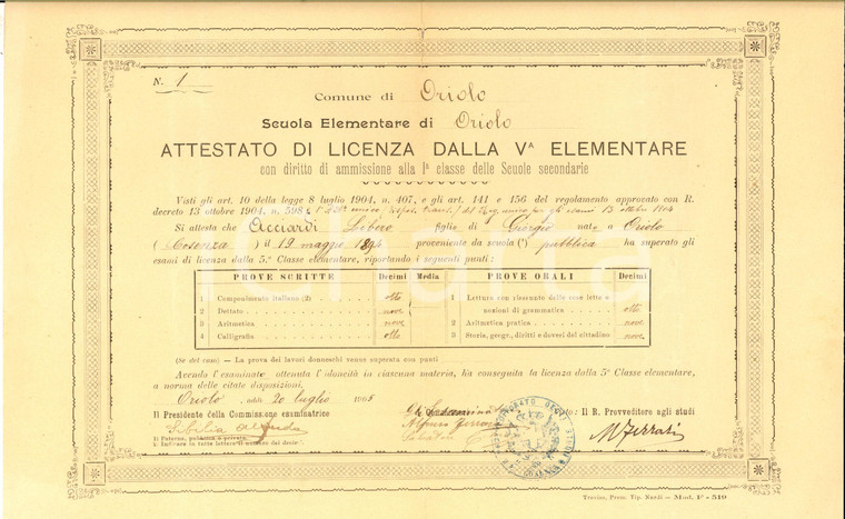 1905 ORIOLO (CS) Diploma di licenza elementare per Libero ACCIARDI
