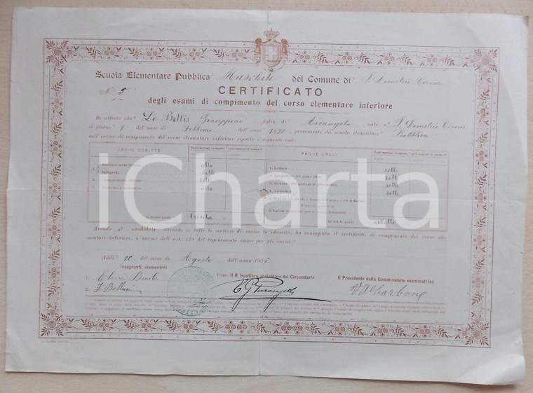 1906 SAN DEMETRIO CORONE (CS) Diploma di licenza elementare Giuseppino DE BELLIS