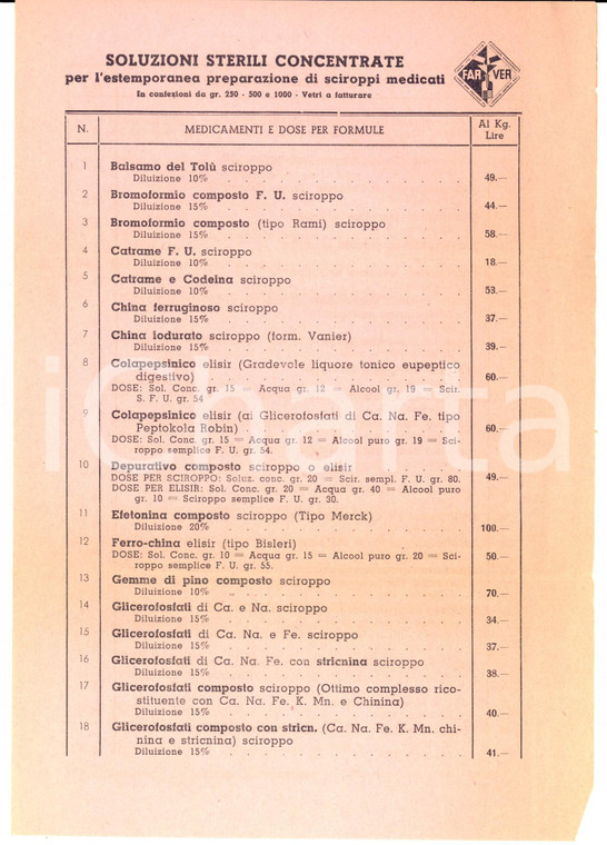 1941 MILANO Ditta FARVER Prodotti chimico-farmaceutici *Listino prezzi