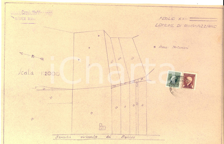 1944 RIVANAZZANO TERME Planimetria pozzi artesiani lungo la vicinale di SALICE