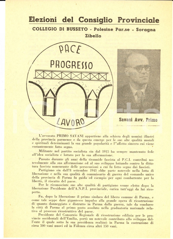 1950 ca BUSSETO (PR) Avv. Primo SAVANI - PACE, PROGRESSO, LAVORO  *Volantino