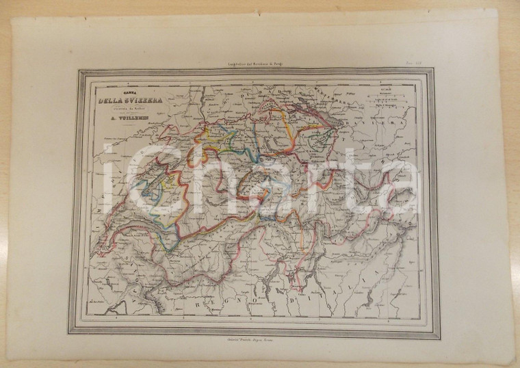 1864 Atlante Geografico Universale - Carta della SVIZZERA *Ed. GUIGONI Tav. XIX
