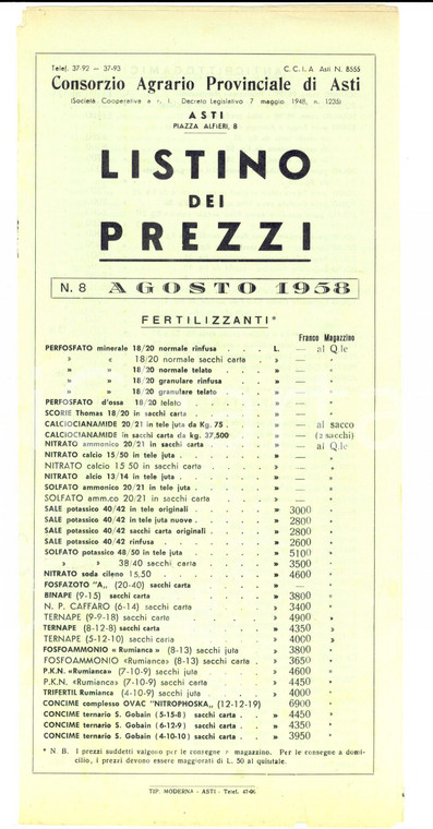 Agosto 1958 ASTI Consorzio Agrario Provinciale *Listino fertilizzanti e mangimi