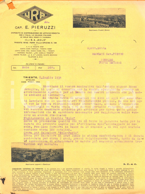 1934 TRIESTE Ditta PIERUZZI pigliamosche vischio SOLO e crema calzature *Lettera