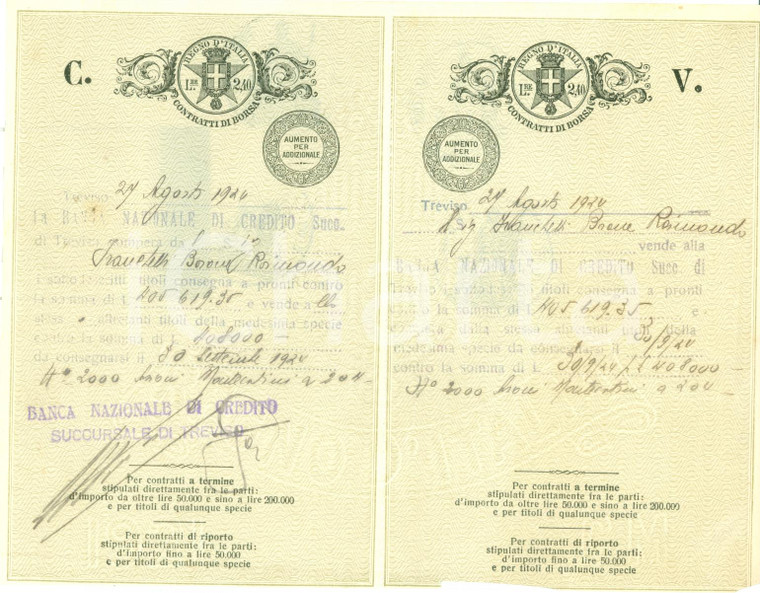 1924 TREVISO Contratti di borsa buoni MONTECATINI Banca Nazionale di Credito