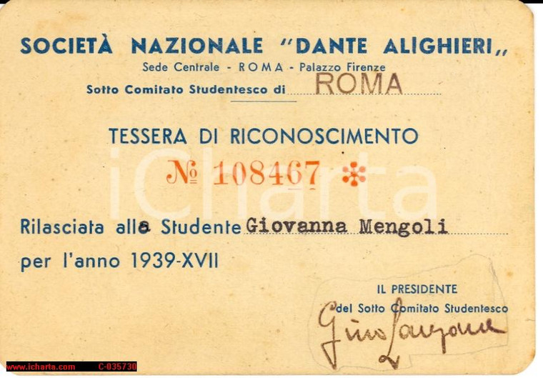 1939 Soc.Naz. Dante Alighieri, Giovanna Mengoli