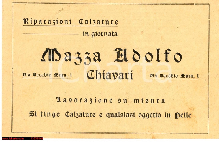 1920 CHIAVARI Mazza Adolfo - calzolaio - biglietto