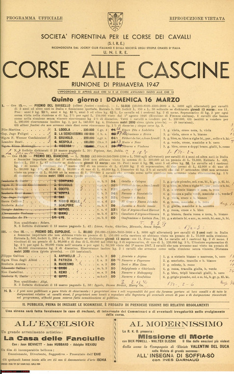 1947 FIRENZE Società Fiorentina Corse Cavalli Programma CORSE ALLE CASCINE