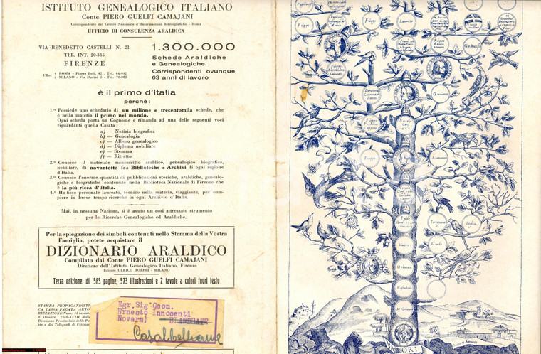 1940 FIRENZE Pieghevole ISTITUTO GENEALOGICO ITALIANO *Pubblicitario ILLUSTRATO