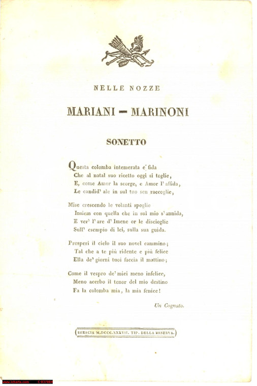1837 BRESCIA augurio nozze MARIANI MARINONI