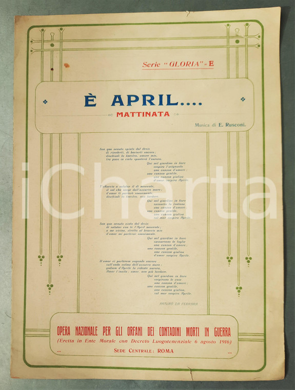 1920 Ermenegildo RUSCONI E' april... Mattinata *Spartito Opera Orfani Contadini