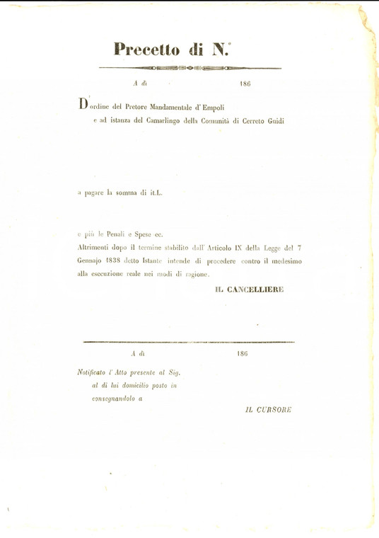 1860 ca GRANDUCATO DI TOSCANA Precetto a istanza del Camarlingo