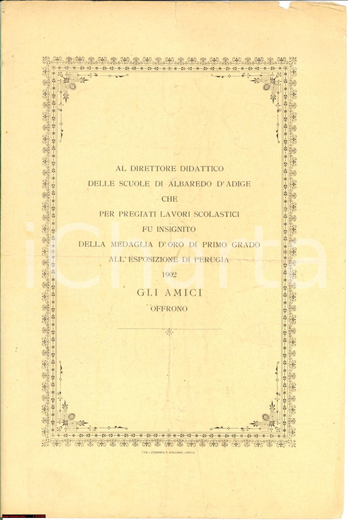 1902 ALBAREDO D'ADIGE poesia per direttore Strabello