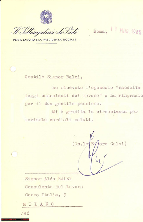 1965 Sottosegretario Lavoro on. Ettore CALVI Autografo