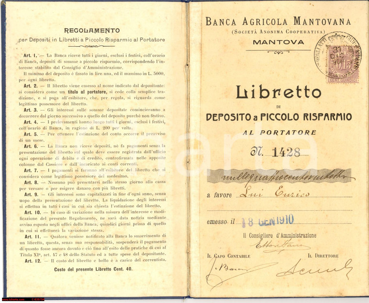 1910 BANCA AGRICOLA MANTOVANA libretto Enrico LUI