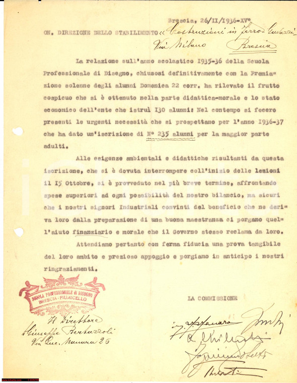 1936 BRESCIA preside BERTAZZOLI aiuti Scuola di Disegno