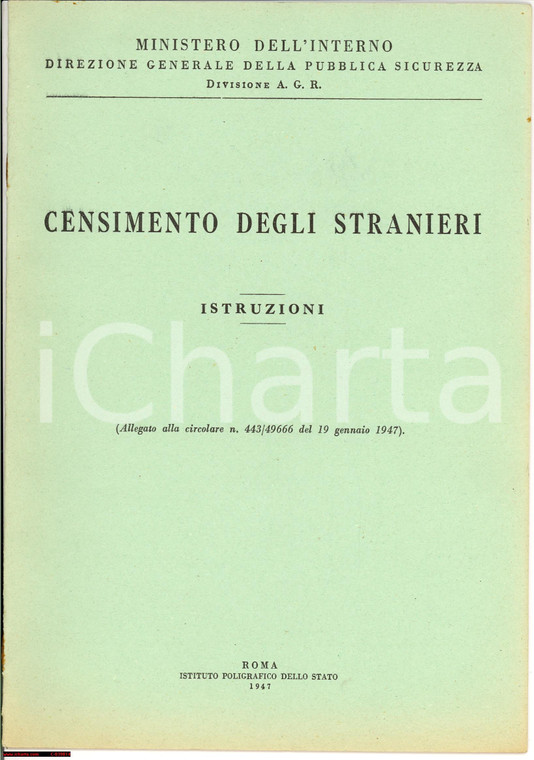 1947 ROMA Censimento stranieri in Italia Istruzioni