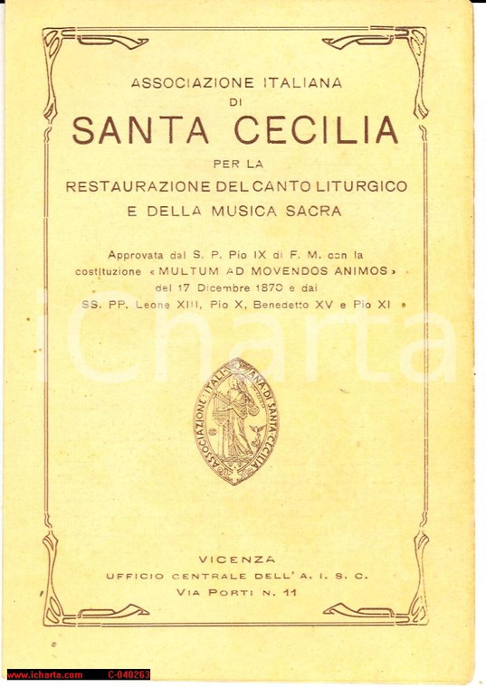 1910 ca VICENZA Associazione S. CECILIA canti liturgici