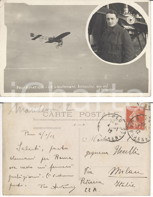 1912 DOMENICO ANTONINI Aviazione volo su Pau AUTOGRAFA
