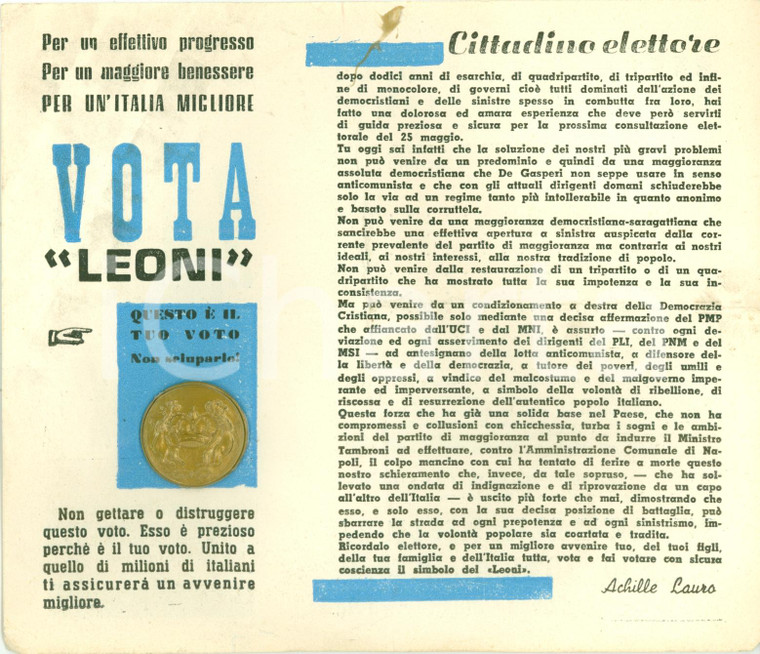 1958 MILANO PROPAGANDA POLITICA Achille LAURO per Francesco LEONI PMP UCI MNI