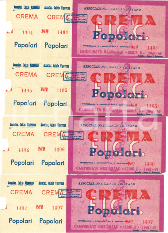 1946 CREMA CR Associazione Calcio VIGEVANO Campionato serie B Lotto 4 biglietti