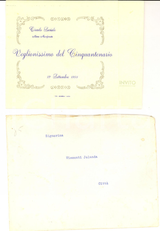 1958 NIZZA MONFERRATO (AL) Circolo Sociale - Veglionissimo Cinquantenario INVITO