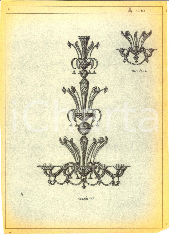 1960 ca MURANO (VE) Ditta VENINI Disegno lampadario a fiori *Copia eliografica