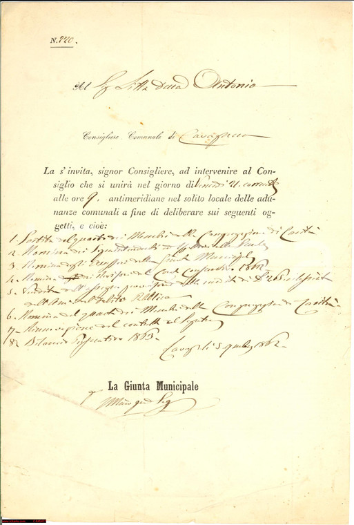 1862 CAVAGNERA (PV) duca LITTA al Consiglio Comunale