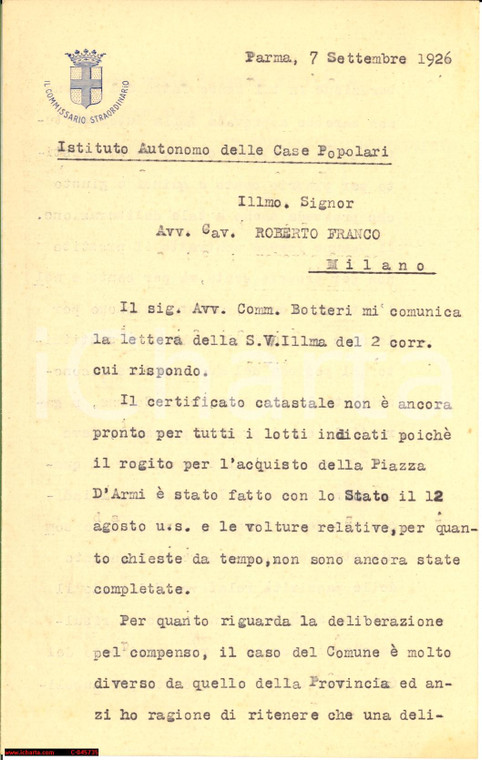 1926 PARMA Prestiti per Istituto Autonomo CASE POPOLARI