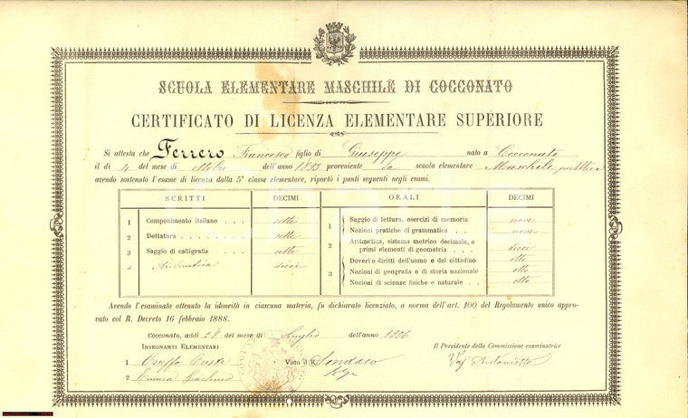 1906 COCCONATO AT Licenza elementare Francesco FERRERO