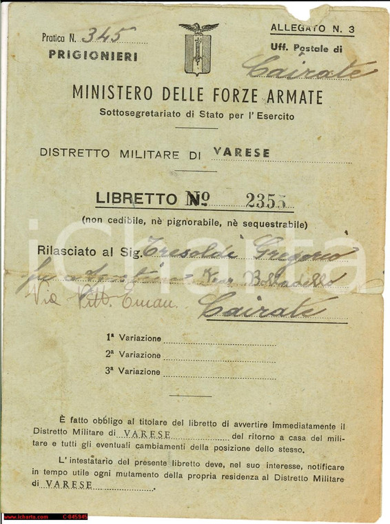 1944 CAIRATE RSI Libretto prigioniero Gregorio TRESOLDI