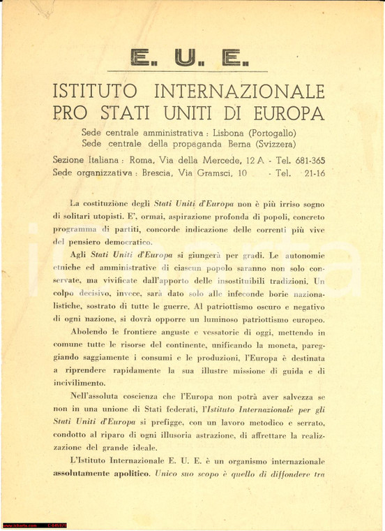 1960 BRESCIA Ist. Internazionale STATI UNITI D'EUROPA