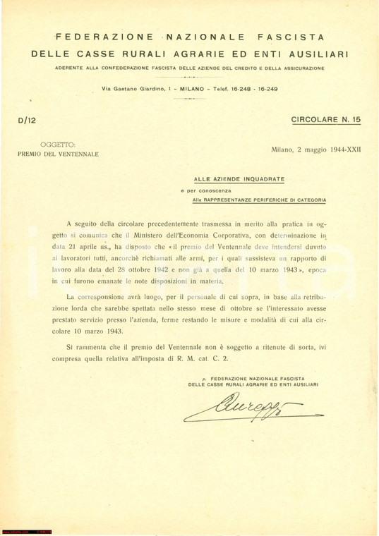 1944 MILANO RSI Casse rurali Premio del VENTENNALE