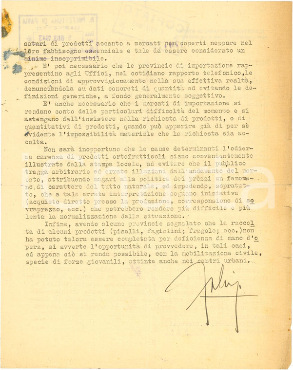 1943 PAVIA Carenze mercato ortofrutticolo Carlo FABRIZI