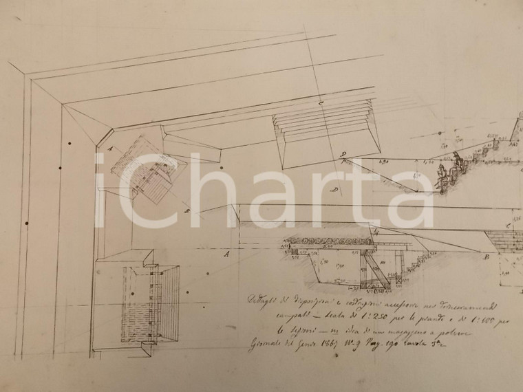 1870 ca GIORNALE DEL GENIO Magazzeno a polvere in trinceramento DISEGNO A MANO