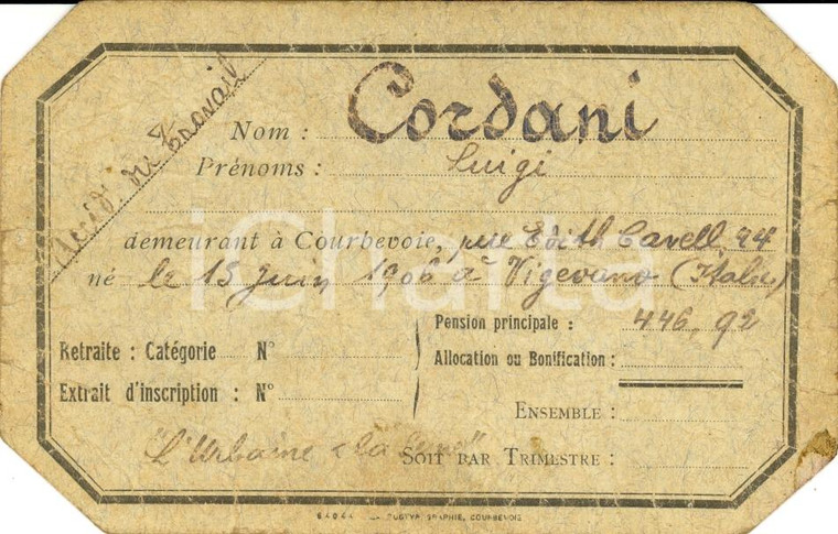 1930 ca COURBEVOIE (France) Sussidio Luigi CORDANI incidente sul lavoro *Tessera