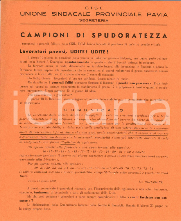 1952 PAVIA CISL contro CGIL-FIOM per NECCHI & CAMPIGLIO