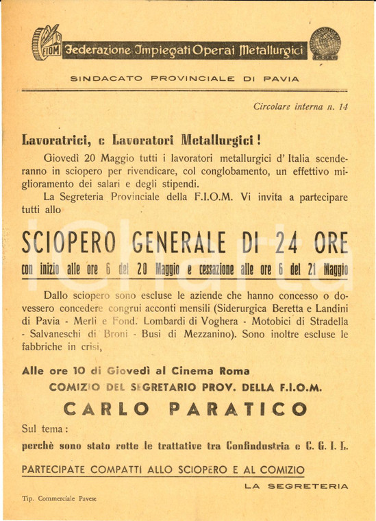 1955 PAVIA Sciopero FIOM 24 ore *Comizio Carlo PARATICO